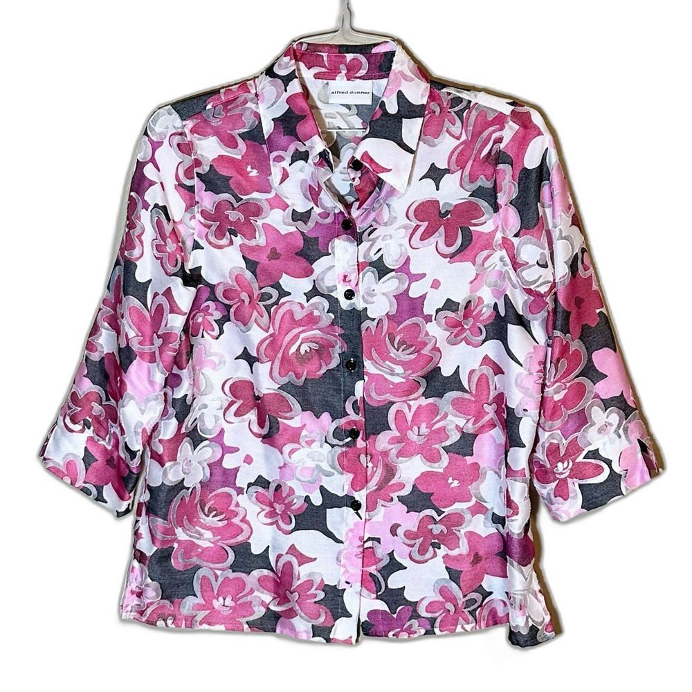 $Floral Button Up Blouse/Over Shirt Alfred Dunner Pink Black Lightweight Sz 10